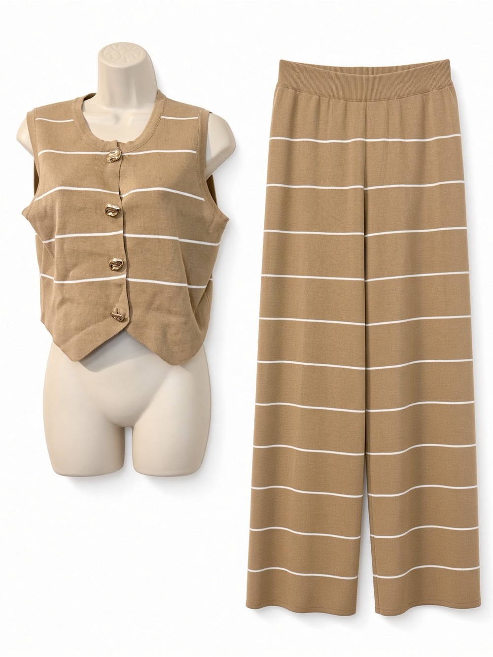LA DIOSA L Khaki Stripe Knit Vest & Wide Leg Pants Set Gold Buttons NWT